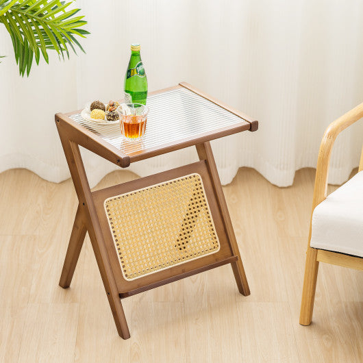 Boho End Table with Magazine Rack and Tempered Glass Top-Walnut