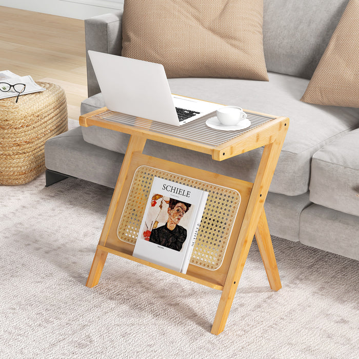 Boho End Table with Magazine Rack and Tempered Glass Top-Natural