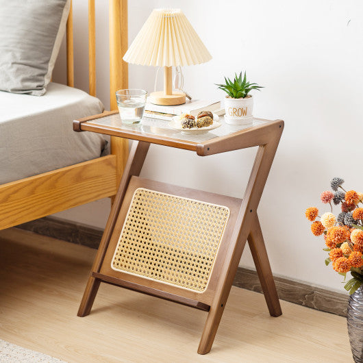 Boho End Table with Magazine Rack and Tempered Glass Top-Walnut