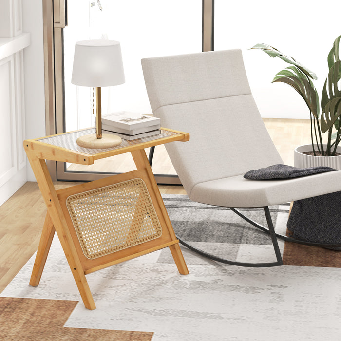 Boho End Table with Magazine Rack and Tempered Glass Top-Natural