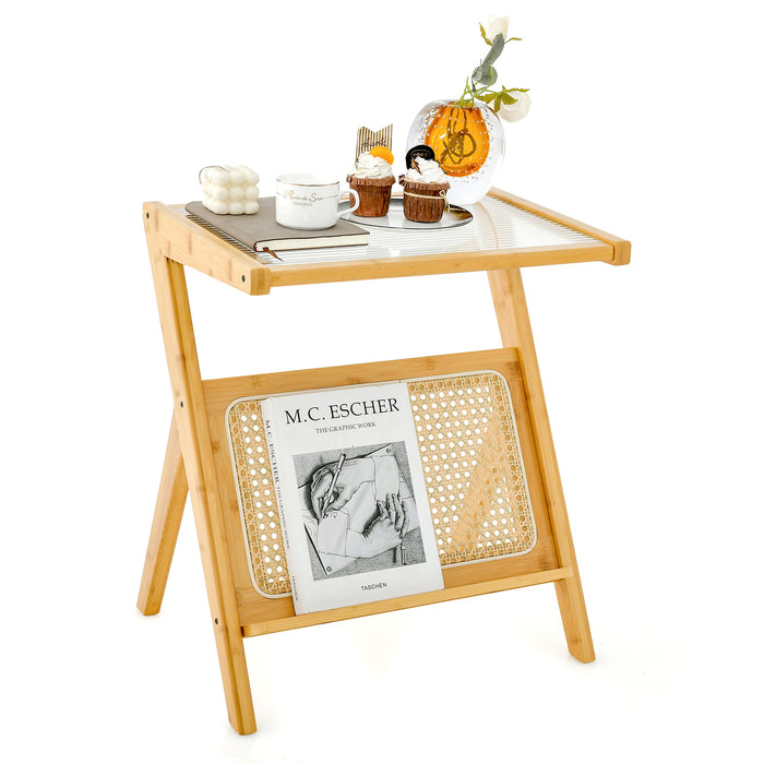 Boho End Table with Magazine Rack and Tempered Glass Top-Natural