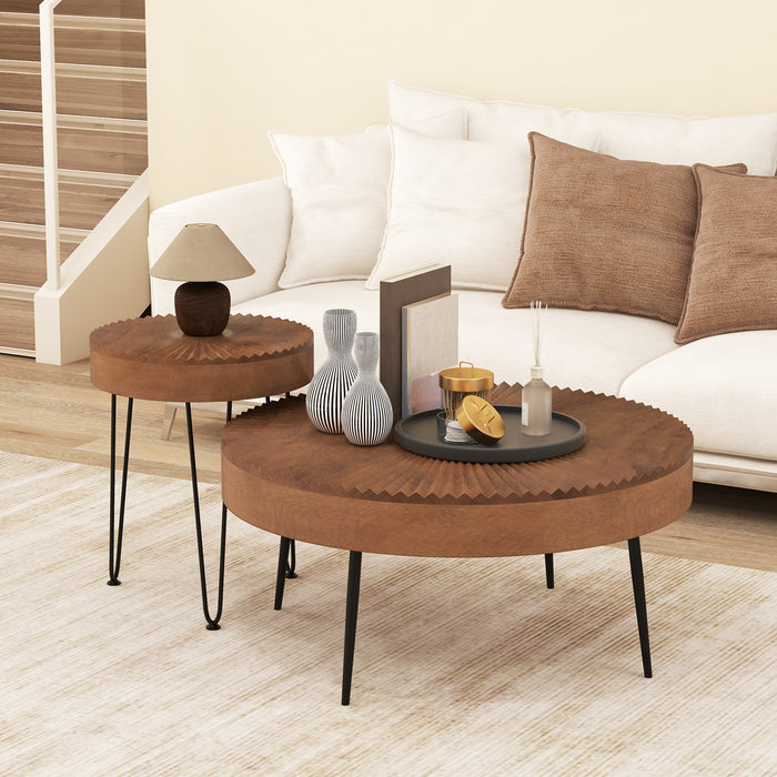 Set of 2 Boho Round Coffee Table with Solid Pine Wood Top and Metal Legs-Brown