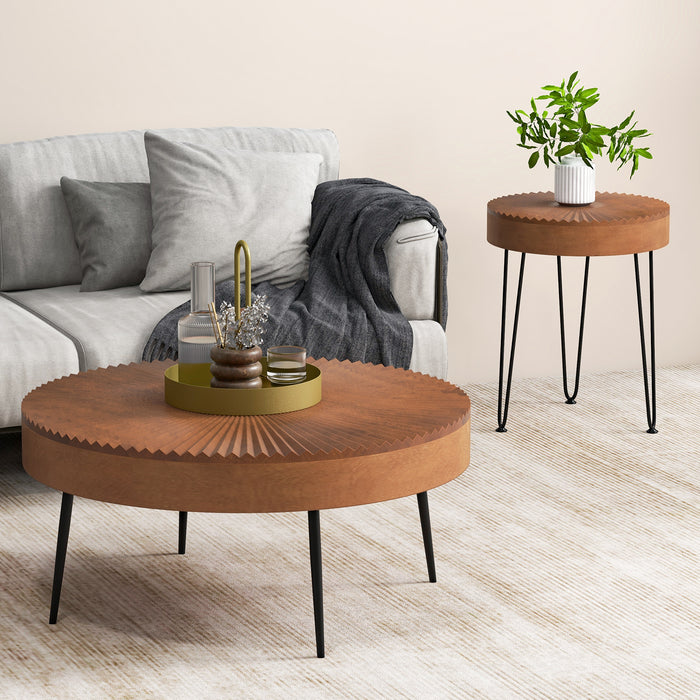 Set of 2 Boho Round Coffee Table with Solid Pine Wood Top and Metal Legs-Brown