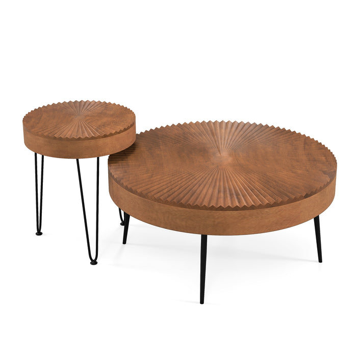 Set of 2 Boho Round Coffee Table with Solid Pine Wood Top and Metal Legs-Brown