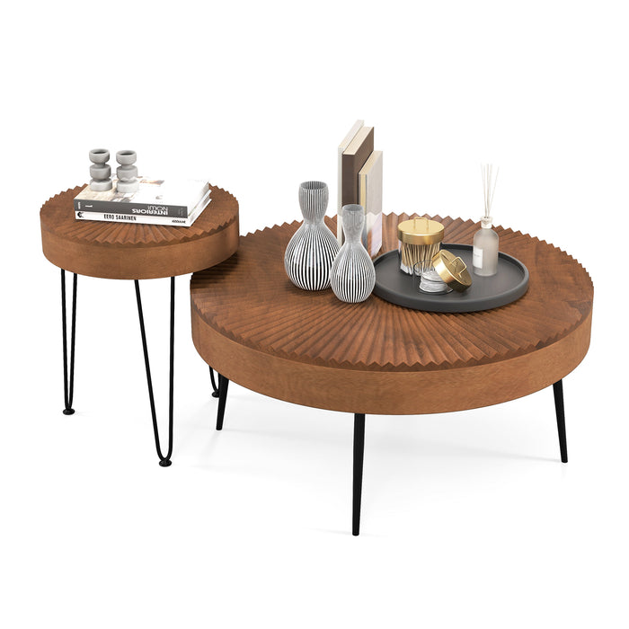 Set of 2 Boho Round Coffee Table with Solid Pine Wood Top and Metal Legs-Brown