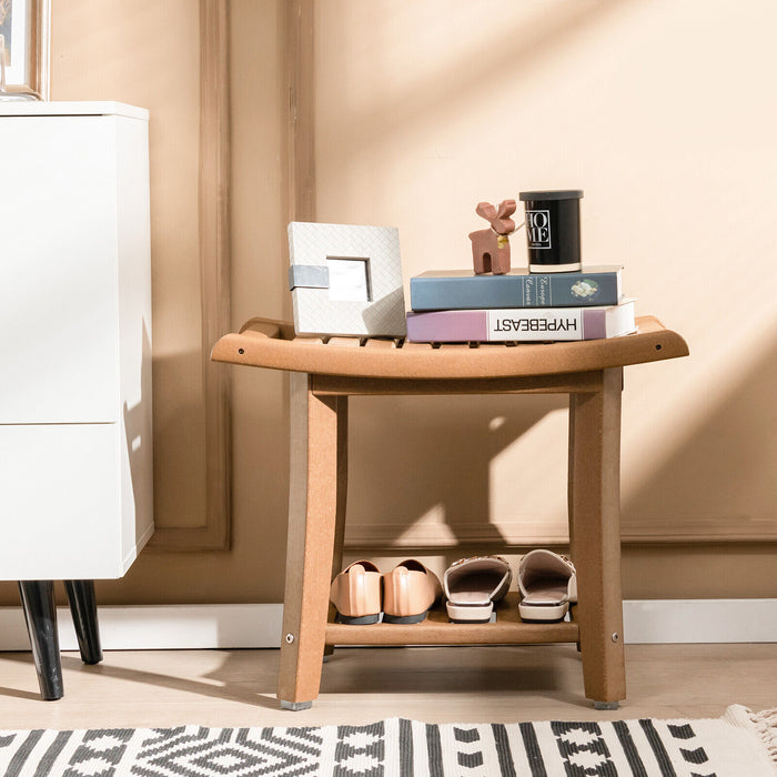 Waterproof Bath Stool with Curved Seat and Storage Shelf-Brown