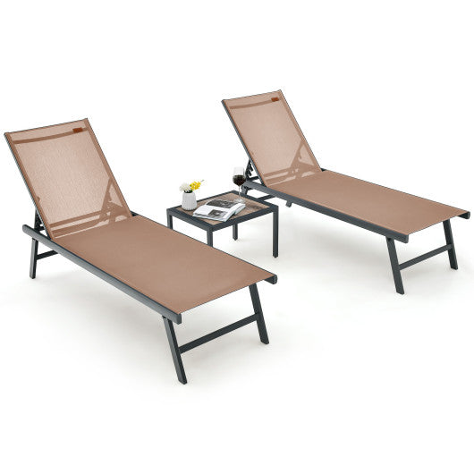 3 Pieces Patio Chaise Lounge Chair and Table Set for Poolside Yard-Brown