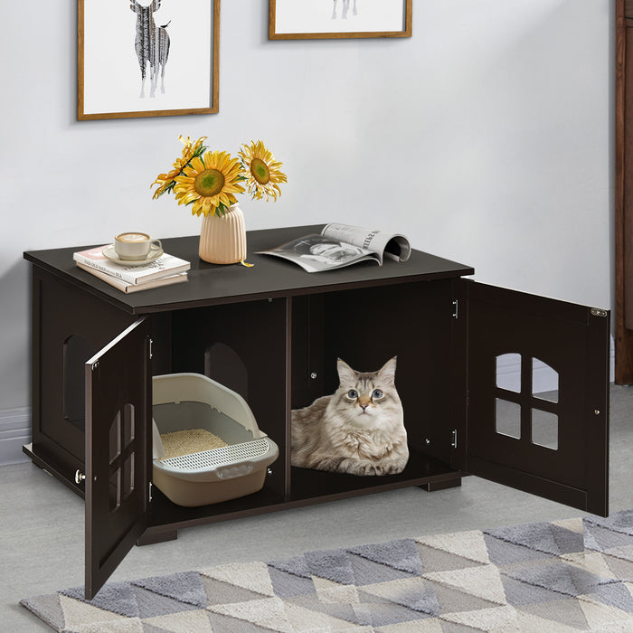 Large Wooden Cat Litter Box Enclosure Hidden Cat Washroom with Divider Coffee