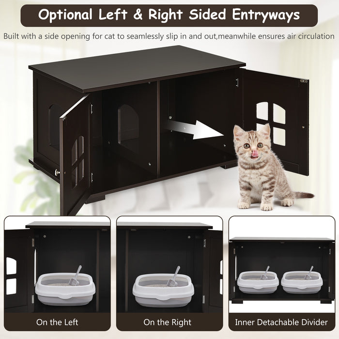 Large Wooden Cat Litter Box Enclosure Hidden Cat Washroom with Divider Coffee