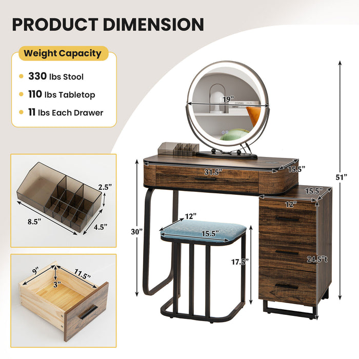 Vanity Table Set with 3-Color Lighted Mirror and Charging Station-Brown