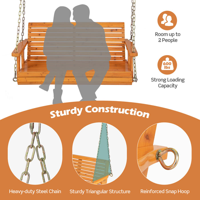 2-Person Wooden Porch Swing with Hanging Chains for Garden Yard-Orange