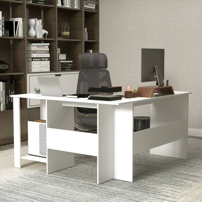 Large Modern L-shaped Computer Desk with 2 Cable Holes and 2 Storage Shelves-White