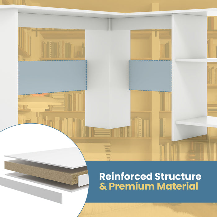 Large Modern L-shaped Computer Desk with 2 Cable Holes and 2 Storage Shelves-White