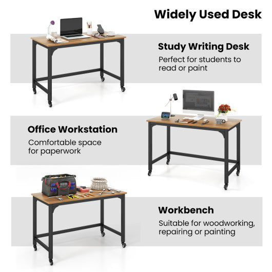 48 Inch Rolling Computer Desk with Heavy-duty Metal Frame for Home and Office-Natural