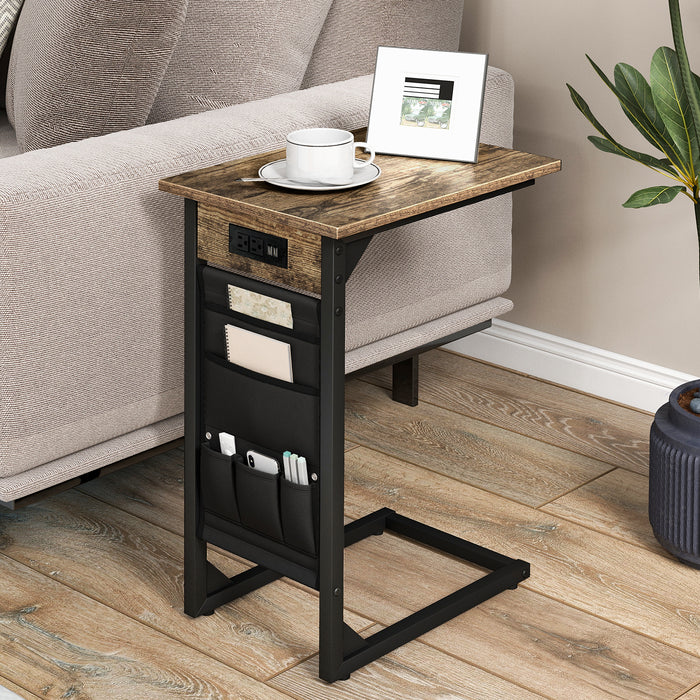 Set of 2 C Shaped End Table with Charging Station-Rustic Brown