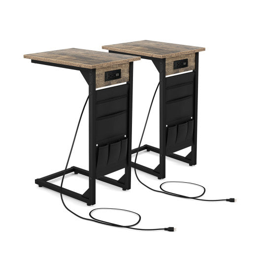 Set of 2 C Shaped End Table with Charging Station-Rustic Brown