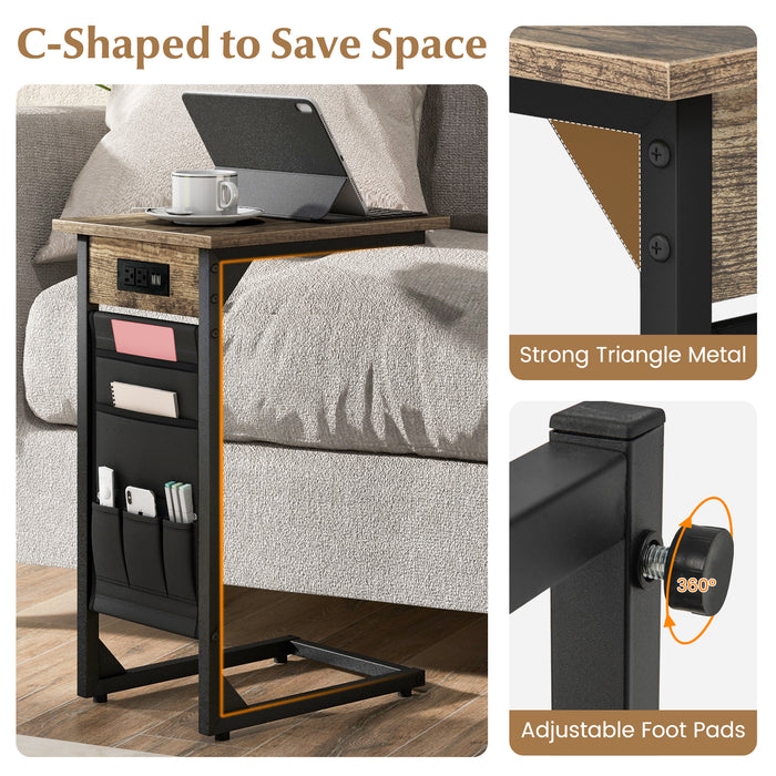 Set of 2 C Shaped End Table with Charging Station-Rustic Brown