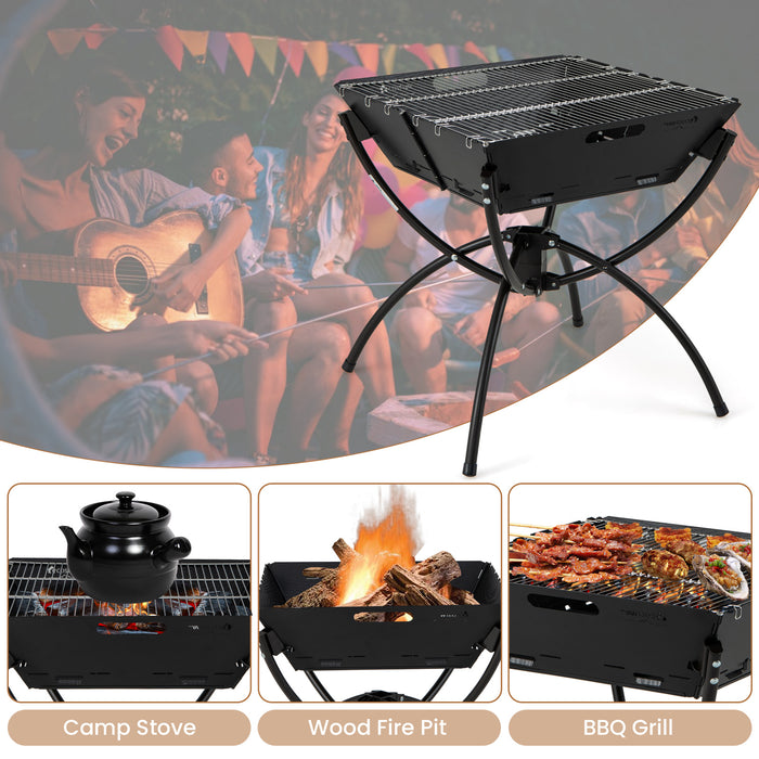 3-in-1 Camping Campfire Grill with Stainless Steel Grills Carrying Bag & Gloves-Black