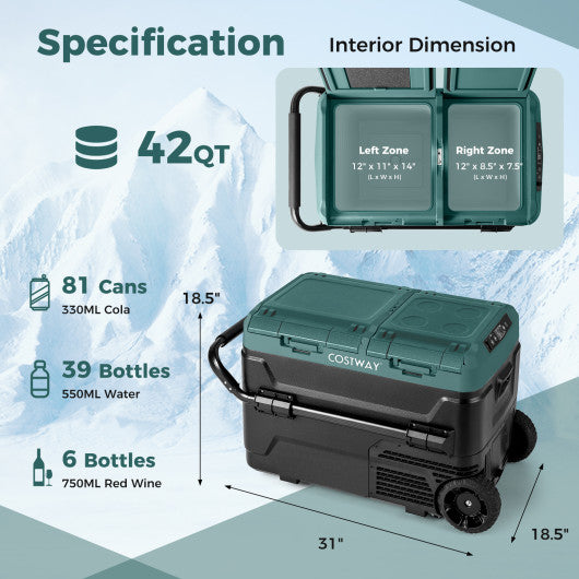 Dual Zone 12V  42QT Car Refrigerator for Vehicles Camping Travel Truck RV Boat Outdoor and Home Use-Green