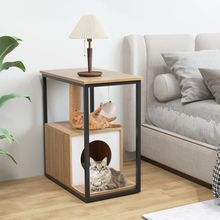 Cat Furniture End Table Cat House with Scratching Post-Natural