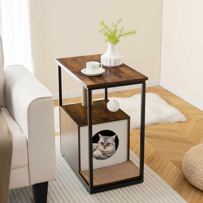 Cat Furniture End Table Cat House with Scratching Post-Rustic Brown