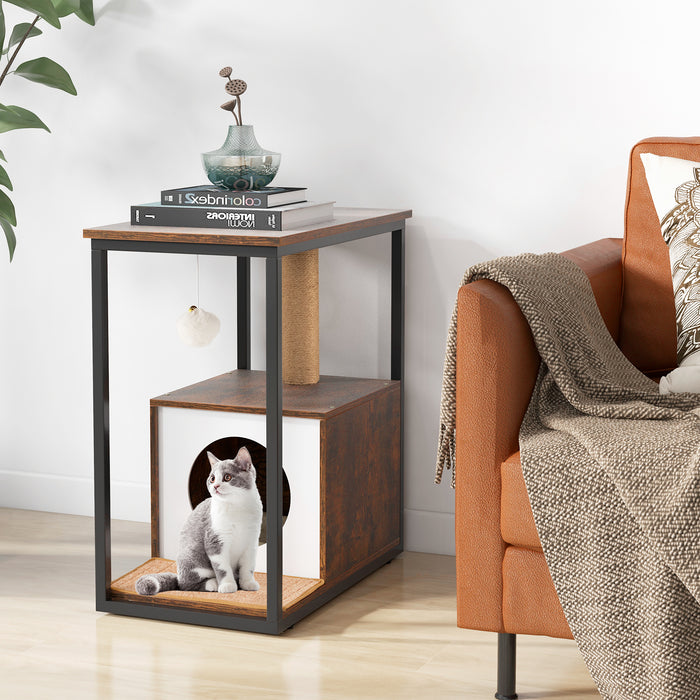 Cat Furniture End Table Cat House with Scratching Post-Rustic Brown