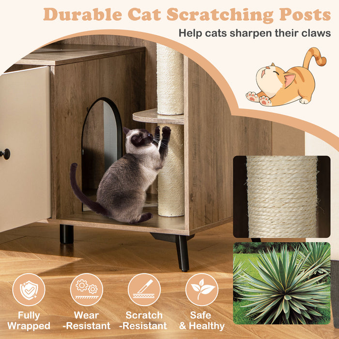 Cat Litter Box Enclosure with 3 Sisal Scratching Posts for Indoor Cats-Natural