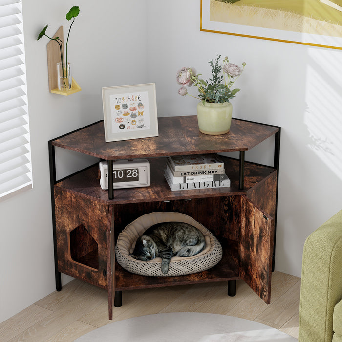 Corner Cat Litter Box Enclosure with Open Shelf 2 Entrances and Metal Legs-Rustic Brown