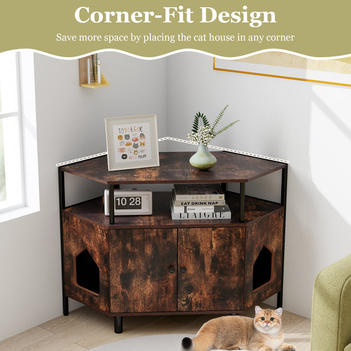 Corner Cat Litter Box Enclosure with Open Shelf 2 Entrances and Metal Legs-Rustic Brown