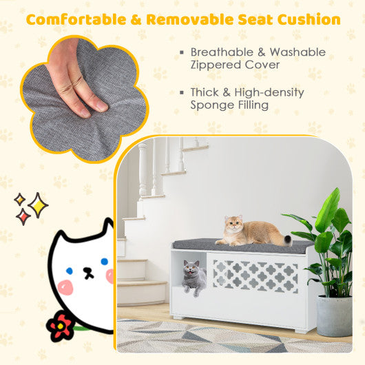 Cat Litter Box Enclosure with Removable Cushion and Front Open Door-White