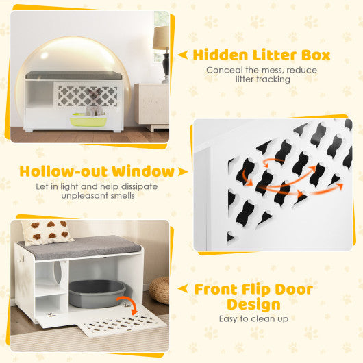 Cat Litter Box Enclosure with Removable Cushion and Front Open Door-White