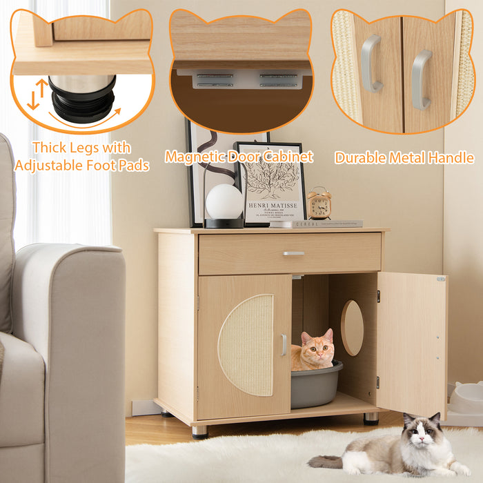 Cat Litter Box Enclosure with Sisal Scratching Doors and Storage-Natural