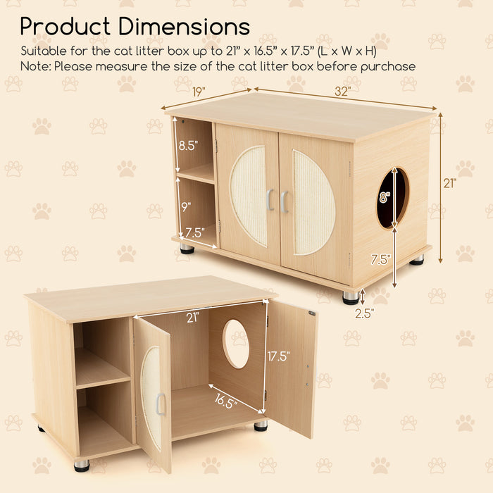 Cat Litter Box Enclosure with Sisal Scratching Doors and Adjustable Metal Feet-Natural