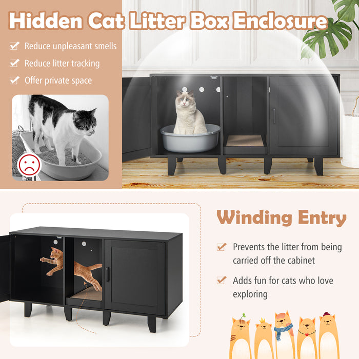 2-Door Cat Litter Box Enclosure with Winding Entry and Scratching Board-Black