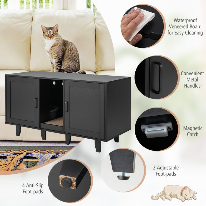 2-Door Cat Litter Box Enclosure with Winding Entry and Scratching Board-Black