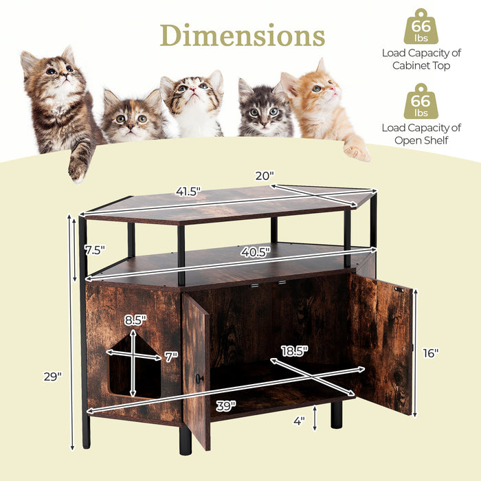 Corner Cat Litter Box Enclosure with Open Shelf 2 Entrances and Metal Legs-Rustic Brown