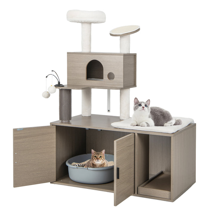 2-in-1 Modern Cat Tower with Litter Box Enclosure for Indoor Cars-Gray