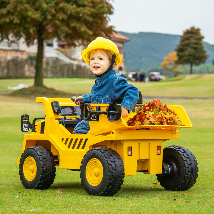 12V Caterpillar Licensed Kids Ride on Dump Truck with Tiltable Bump Bed-Yellow