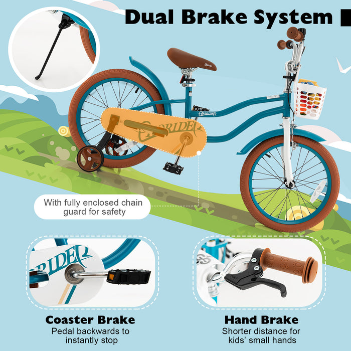 Children Bicycle with Front Handbrake and Rear Coaster Brake-Turquoise