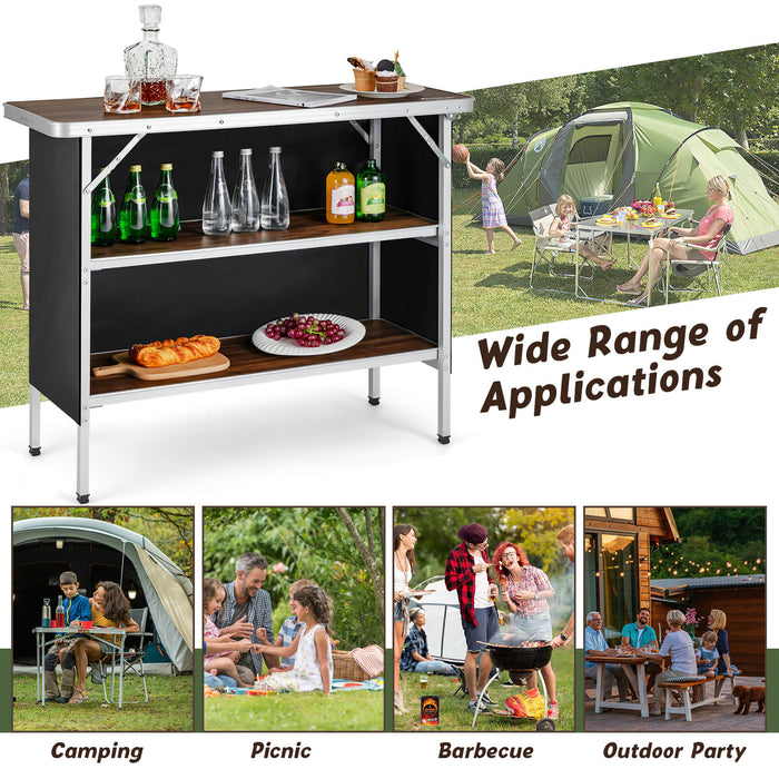 Folding Camping Table with 2-Tier Open Shelves for Outdoor BBQ-Coffee