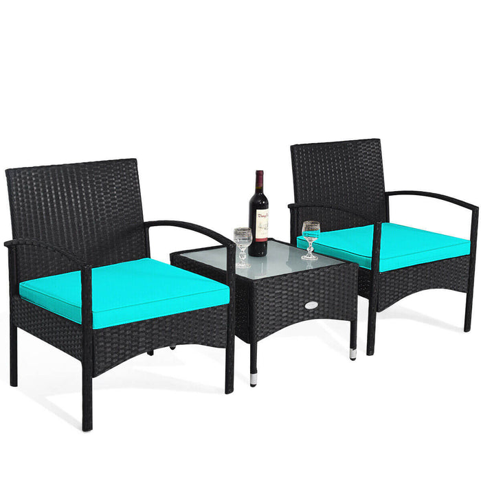 3 Pieces Patio Wicker Rattan Furniture Set with Cushion for Lawn Backyard-Turquoise