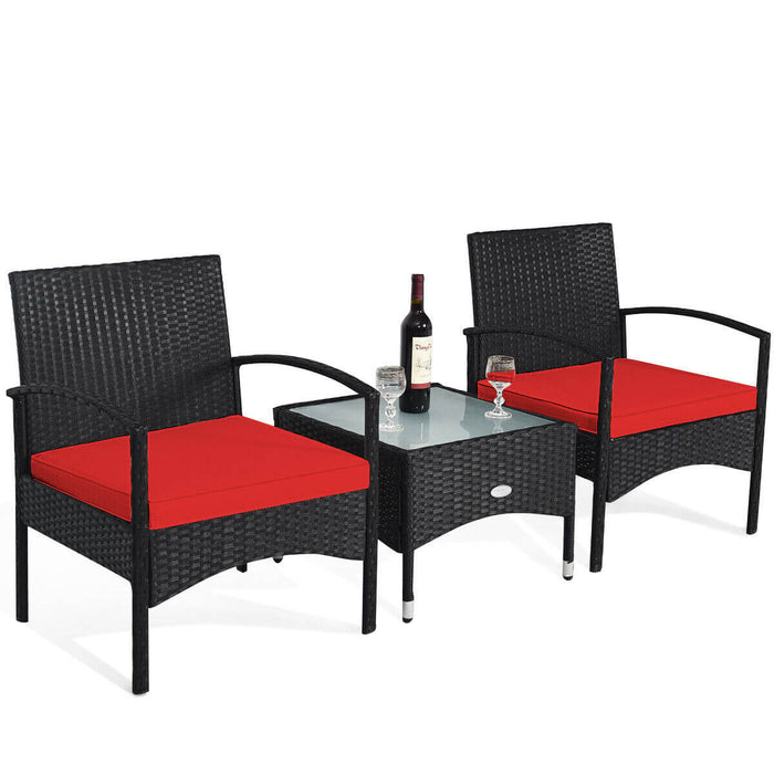 3 Pieces Patio Wicker Rattan Furniture Set with Cushion for Lawn Backyard-Red