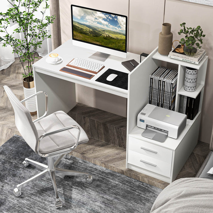 Computer Desk Home Office with Bookshelf and Drawers-White