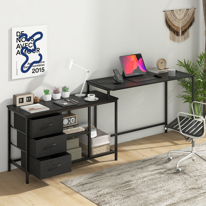 L-shaped Computer Desk with Power Outlet for Working Studying Gaming-Black