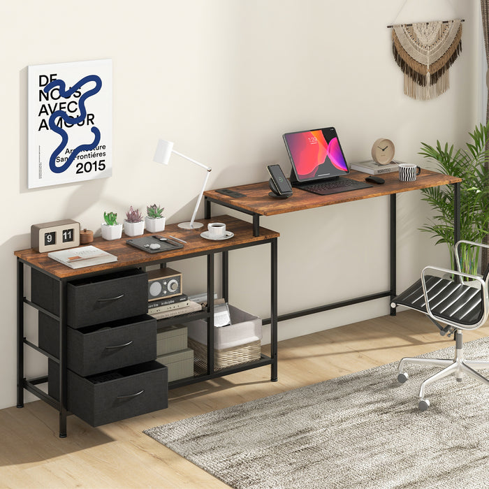 L-shaped Computer Desk with Power Outlet for Working Studying Gaming-Rustic Brown