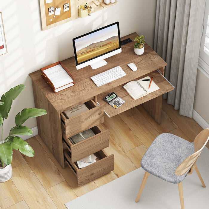 Computer Desk with Power Outlet Keyboard Tray and 3 Large Drawers-Natural