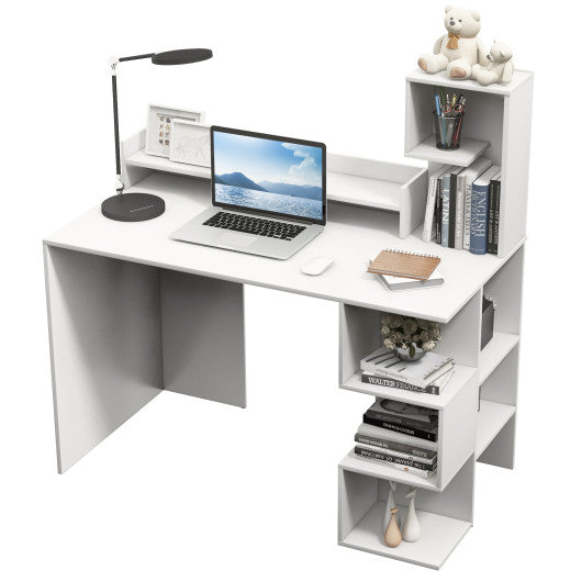 Modern Computer Desk with Storage Bookshelf and Hutch for Home Office-White