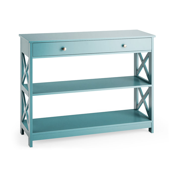 Console Table 3-Tier with Drawer and Storage Shelves-Turquoise