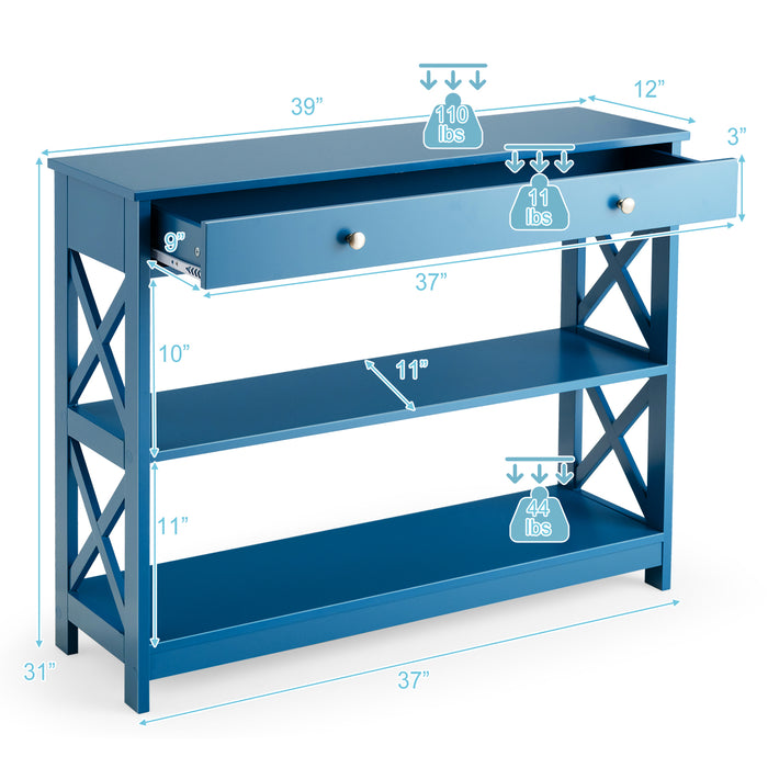 Console Table 3-Tier with Drawer and Storage Shelves-Blue