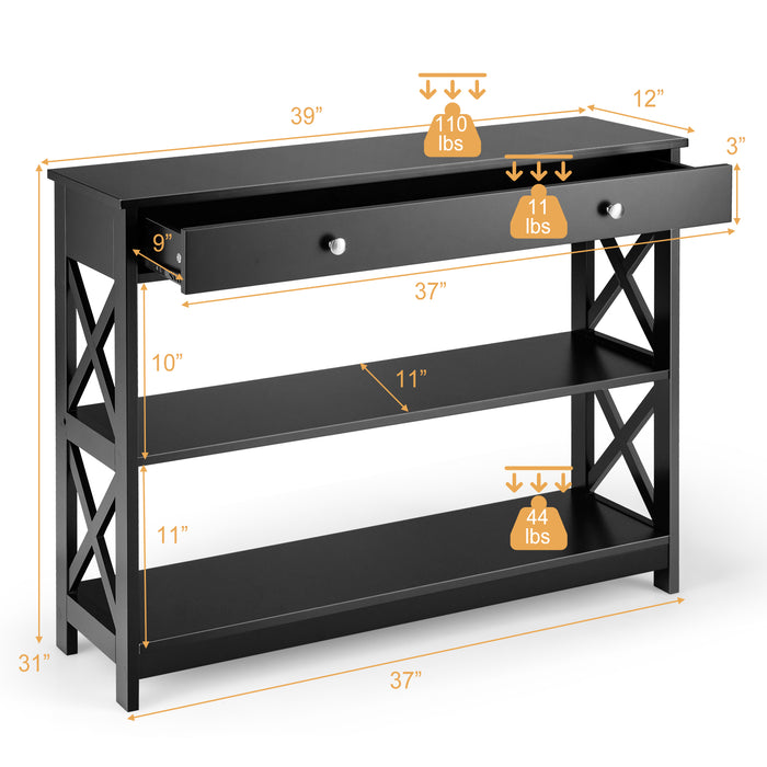 Console Table 3-Tier with Drawer and Storage Shelves-Black